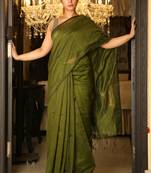 Green woven blended cotton saree with blouse