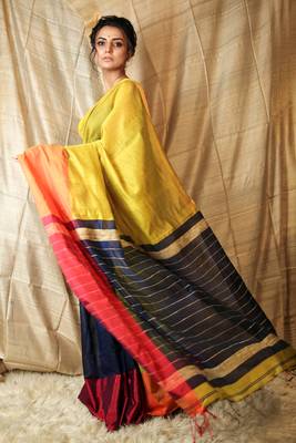 Mustard woven blended cotton saree with blouse 2