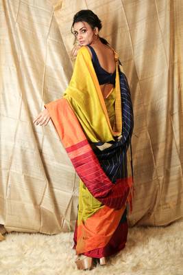Mustard woven blended cotton saree with blouse 3