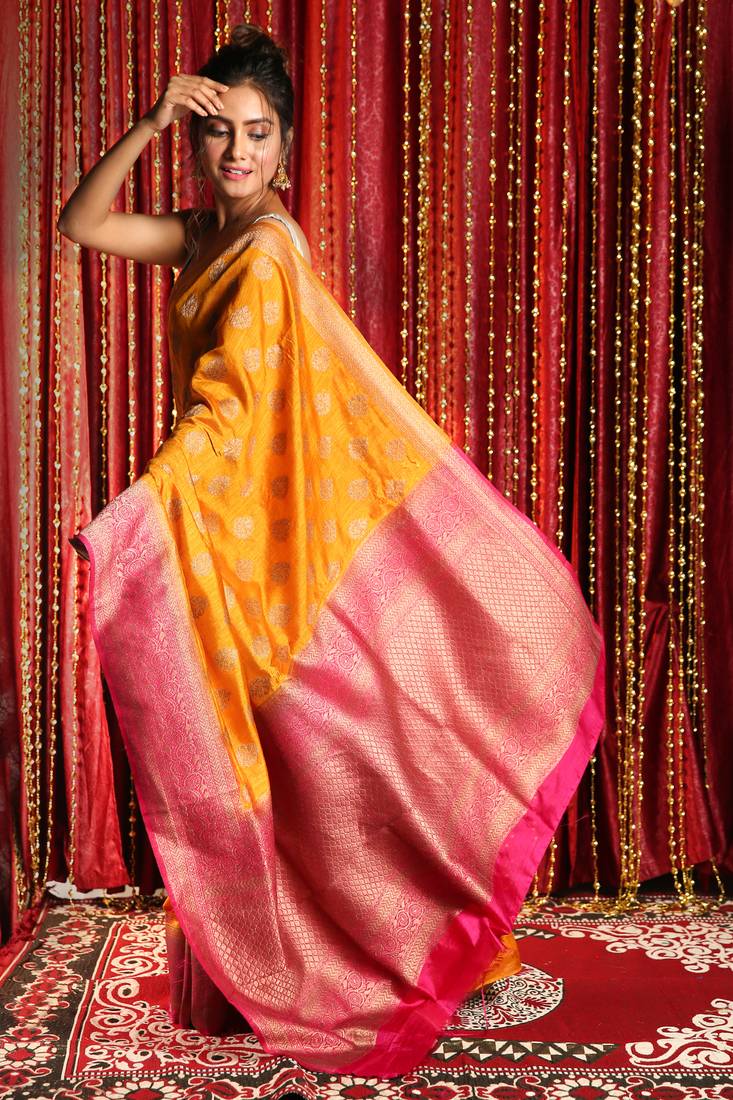 Mustard Woven Design Silk Blend Saree With Unstitched Blouse Piece