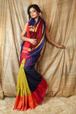 Navy blue woven blended cotton saree with blouse 1