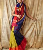 Navy blue woven blended cotton saree with blouse