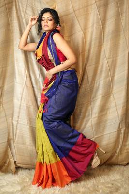 Navy blue woven blended cotton saree with blouse 2