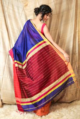 Navy blue woven blended cotton saree with blouse 3