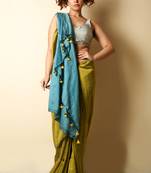 Green woven blended cotton saree with blouse