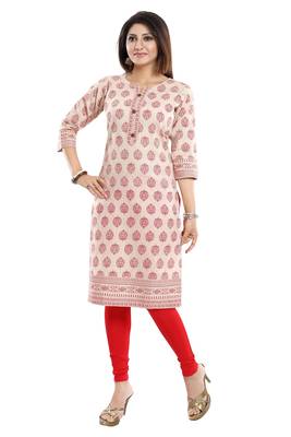 Beige printed cotton long-kurtis 1