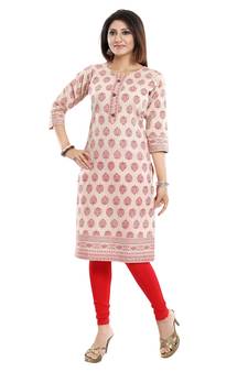 Beige printed cotton long-kurtis