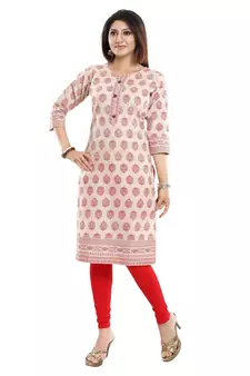 Beige printed cotton long-kurtis