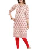 Beige printed cotton long-kurtis