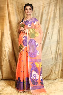 Orange Woven Blended Cotton Saree Without Blouse 1