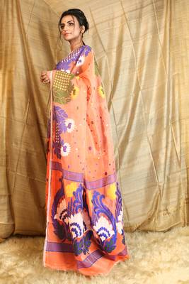Orange Woven Blended Cotton Saree Without Blouse 2