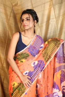 Orange Woven Blended Cotton Saree Without Blouse 4
