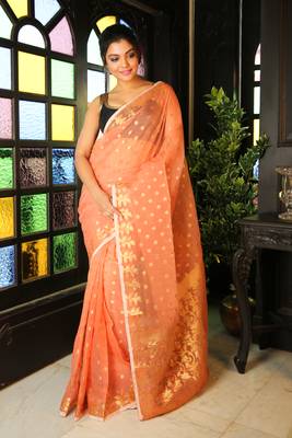 Peach woven blended cotton saree with blouse 1