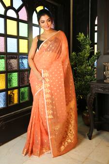 Peach woven blended cotton saree with blouse