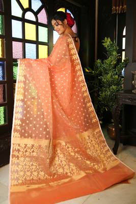 Peach woven blended cotton saree with blouse 2