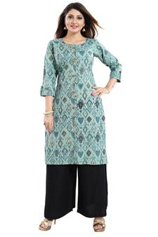 Green printed cotton long-kurtis