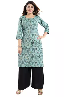 Green printed cotton long-kurtis