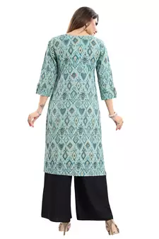 Green printed cotton long-kurtis