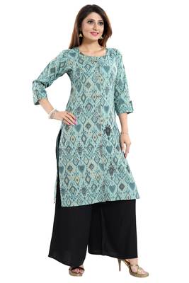 Green printed cotton long-kurtis 4