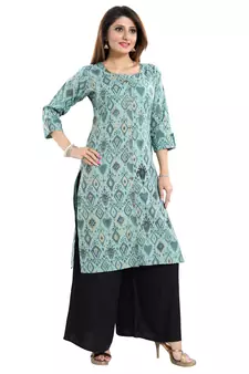 Green printed cotton long-kurtis