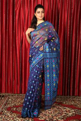 Navy blue woven blended cotton saree  1