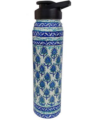 Pure Solid Copper Water Bottle Hand Painted Blue Pottery Design 1