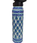 Pure Solid Copper Water Bottle Hand Painted Blue Pottery Design