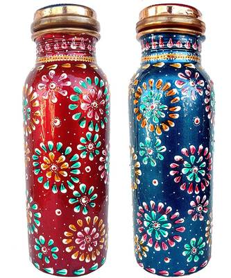 Capacity 500 ml Pure Copper Hand Painted Bottle for Water Storage Blue & Red Set of 2 1