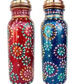 Capacity 500 ml Pure Copper Hand Painted Bottle for Water Storage Blue & Red Set of 2