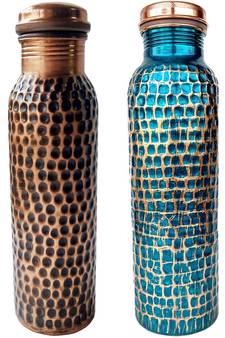 Copper Bottle Hand Hammered Tumbler Capacity 950 ml Handmade Water Bottle Set of 2 Hand Painted