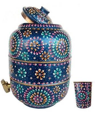 PURE COPPER HAMMERED WATER STORAGE POT 6.5 LITER CAPACITY OUTER SIDE WATER PROOF HAND PAINTED WITH FREE TUMBLER 1