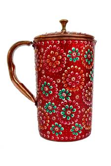 Pure Copper Jug - 2 Glass Drink ware Set Tableware Pitcher outer Red stone work ated Tumbler (Red jug)