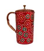 Pure Copper Jug - 2 Glass Drink ware Set Tableware Pitcher outer Red stone work ated Tumbler (Red jug)