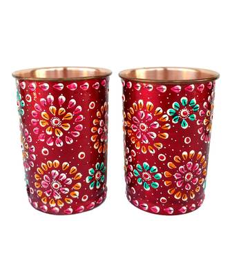 Pure Copper Jug - 2 Glass Drink ware Set Tableware Pitcher outer Red stone work ated Tumbler (Red 2 glass) 1
