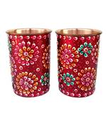 Pure Copper Jug - 2 Glass Drink ware Set Tableware Pitcher outer Red stone work ated Tumbler (Red 2 glass)