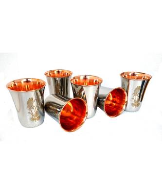 set of 6 Flower Printed Handmade Copper Tumbler Outer Stainless steel Copper water glass for health 1