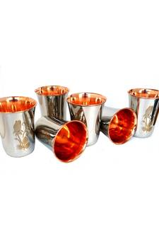 set of 6 Flower Printed Handmade Copper Tumbler Outer Stainless steel Copper water glass for health