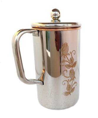 Copper Jug Water Pitcher Flower Print Outside Stainless Steel Utensils Inside Copper for Ayurveda Healing - Cap 1