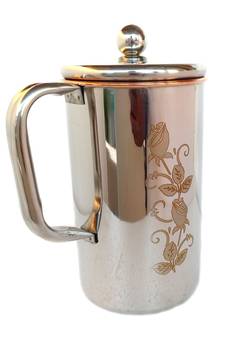 Copper Jug Water Pitcher Flower Print Outside Stainless Steel Utensils Inside Copper for Ayurveda Healing - Cap