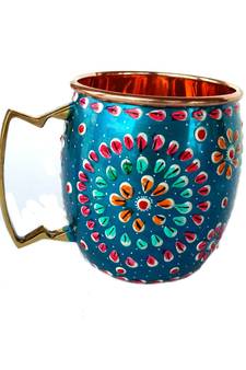 Handmade Pure Copper Outer Hand Painted Art Work Wine, Vodka, Beer,Cocktail,Juice, Cold Coffee Mug - Cup 16 oz (2)