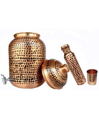 pure copper Hammered water storage Tank Brown pot 4 liter capacity with Tumble and Copper Bottle 1