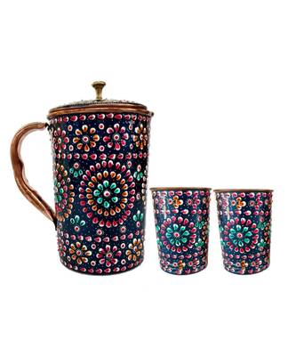 Pure Copper one Jug with two Glass Drink ware Set Hand Painted Outer side 1