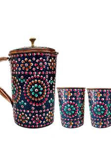 Pure Copper one Jug with two Glass Drink ware Set Hand Painted Outer side