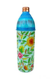 Pure Copper Hand Painted Water Bottle Tumbler,Bislari Yellow Flower Hand Work (750 ml)