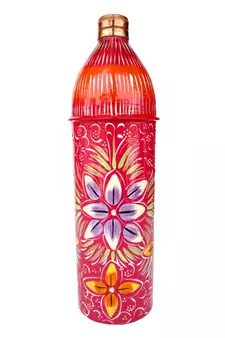 Pure Copper Hand Painted Water Bottle Tumbler,Bislari Pink Flower Hand Work (750 ml )