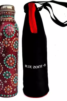 Copper Water Bottle for (Joint Free & leak proof) New Red Hand Painted Art Work, With a Insulated Bag