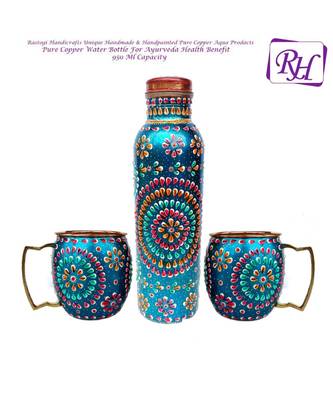 Handmade Copper Outer Hand Painted Art Work terquoise color Water Bottle (Joint Free & leak proof) and Mug - Cup 16 oz 1