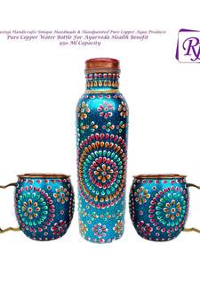 Handmade Copper Outer Hand Painted Art Work terquoise color Water Bottle (Joint Free & leak proof) and Mug - Cup 16 oz