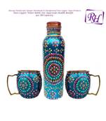 Handmade Copper Outer Hand Painted Art Work terquoise color Water Bottle (Joint Free & leak proof) and Mug - Cup 16 oz
