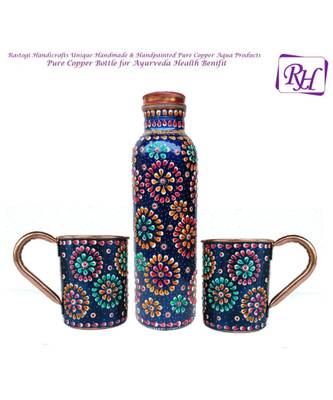 Handmade Pure Copper Outer Hand Painted Art Work Water Bottle (Joint Free & leak proof) and Mug - Cup 16 oz (2) 1